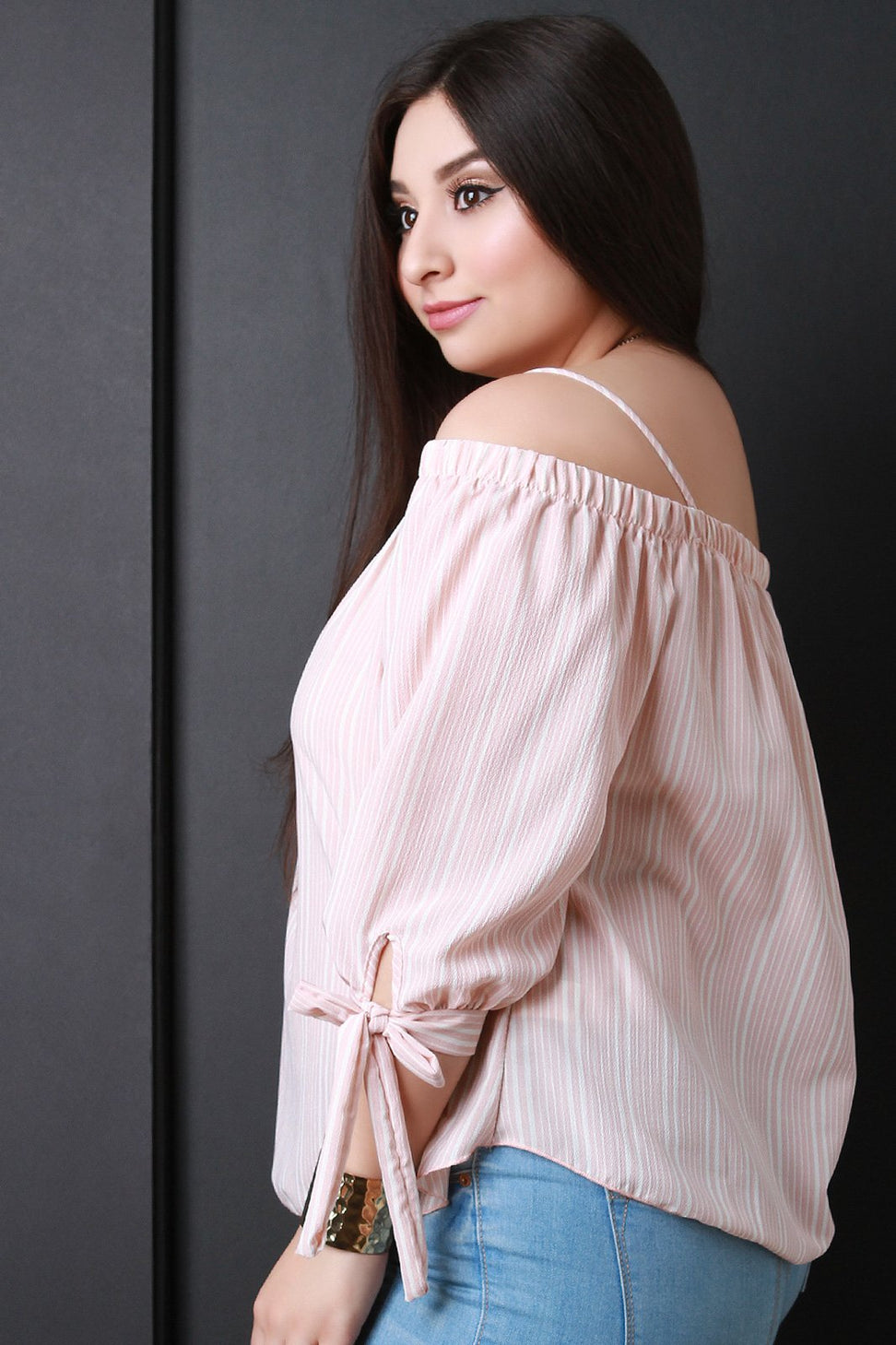 Striped Chiffon Cold Shoulder Tie Sleeves Top
