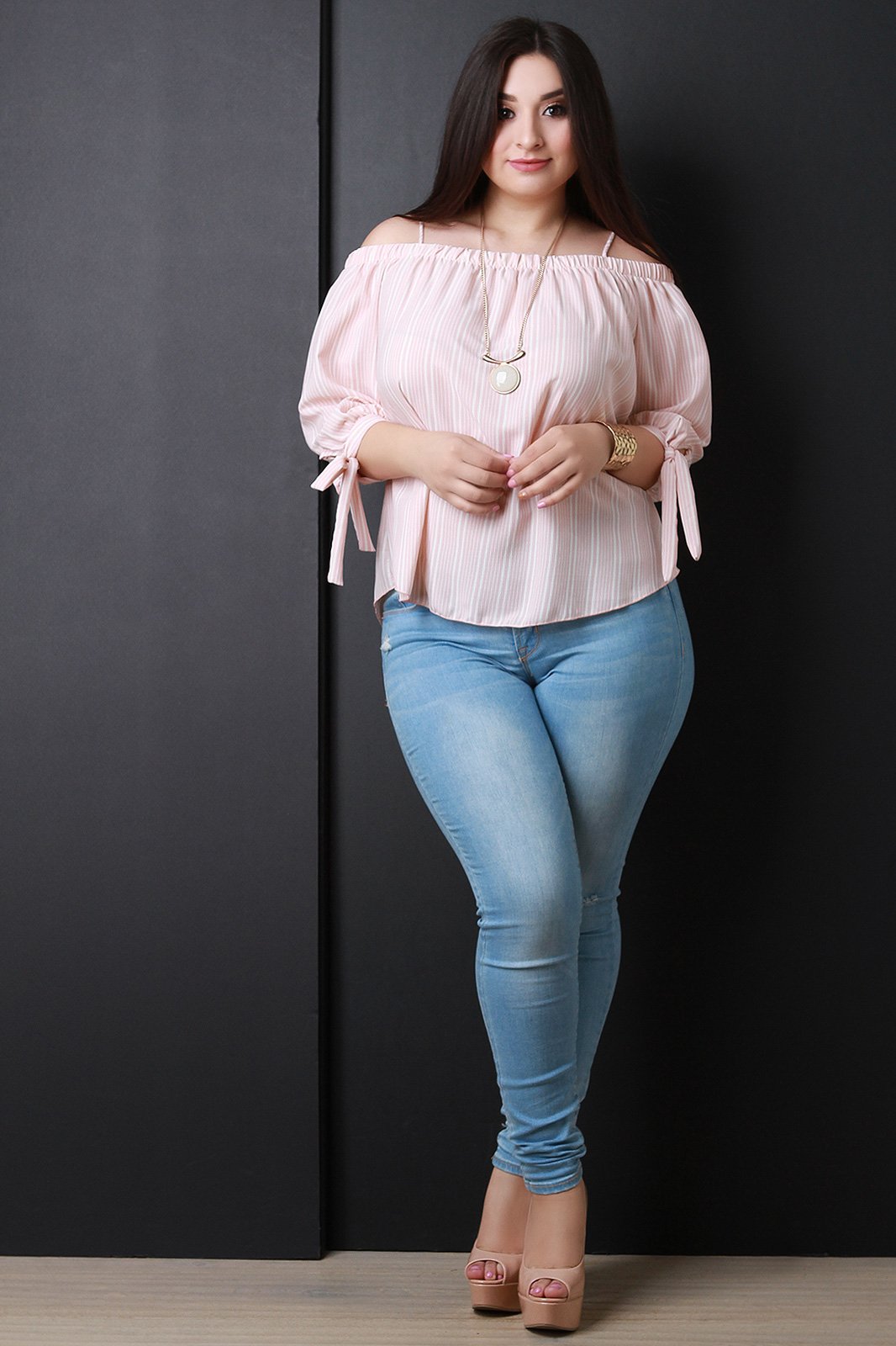 Striped Chiffon Cold Shoulder Tie Sleeves Top