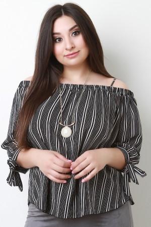 Striped Chiffon Cold Shoulder Tie Sleeves Top