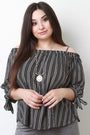 Striped Chiffon Cold Shoulder Tie Sleeves Top