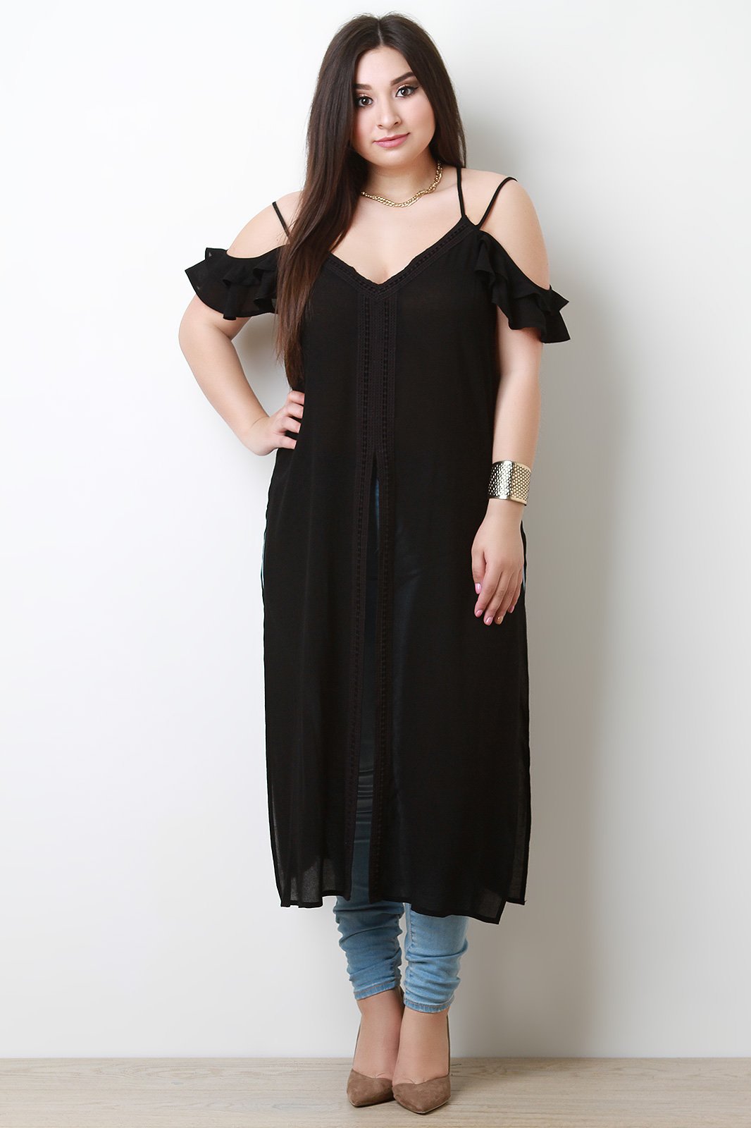 Cold Shoulder Crisscross Back Crochet Slit Maxi Top