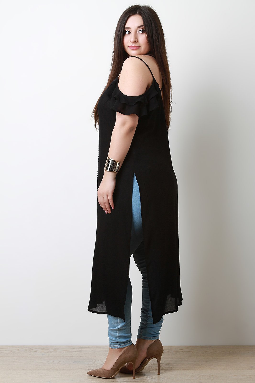 Cold Shoulder Crisscross Back Crochet Slit Maxi Top