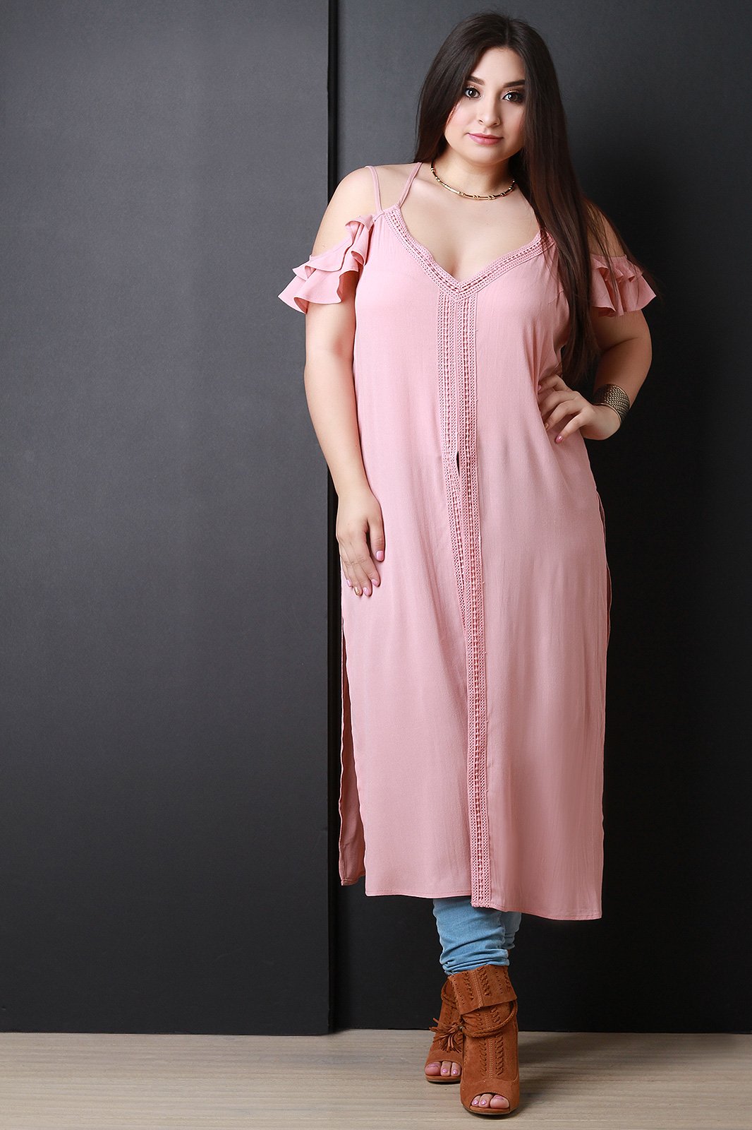 Cold Shoulder Crisscross Back Crochet Slit Maxi Top