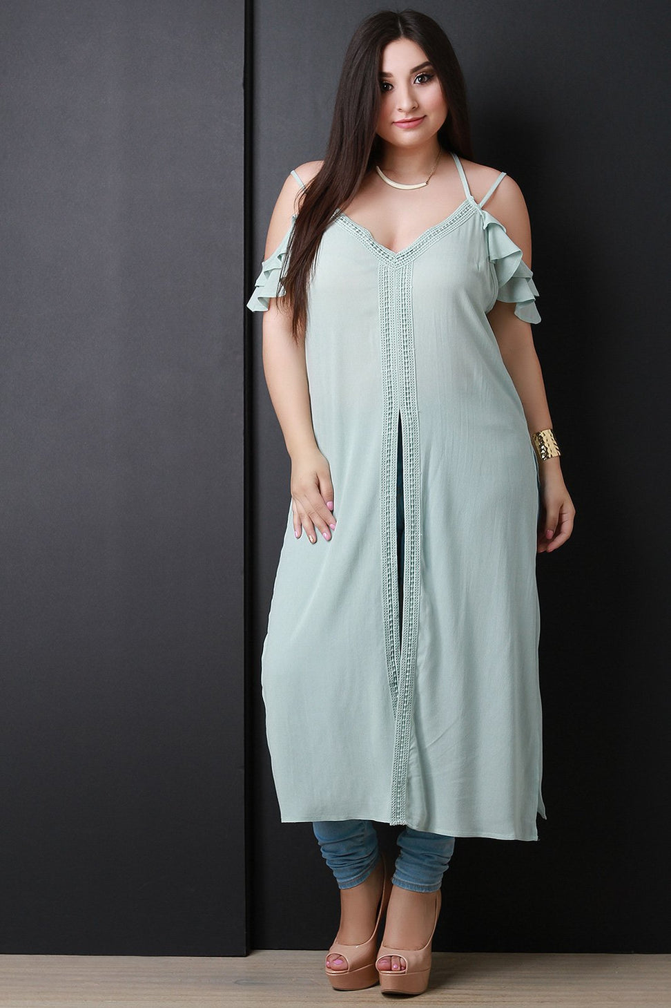 Cold Shoulder Crisscross Back Crochet Slit Maxi Top