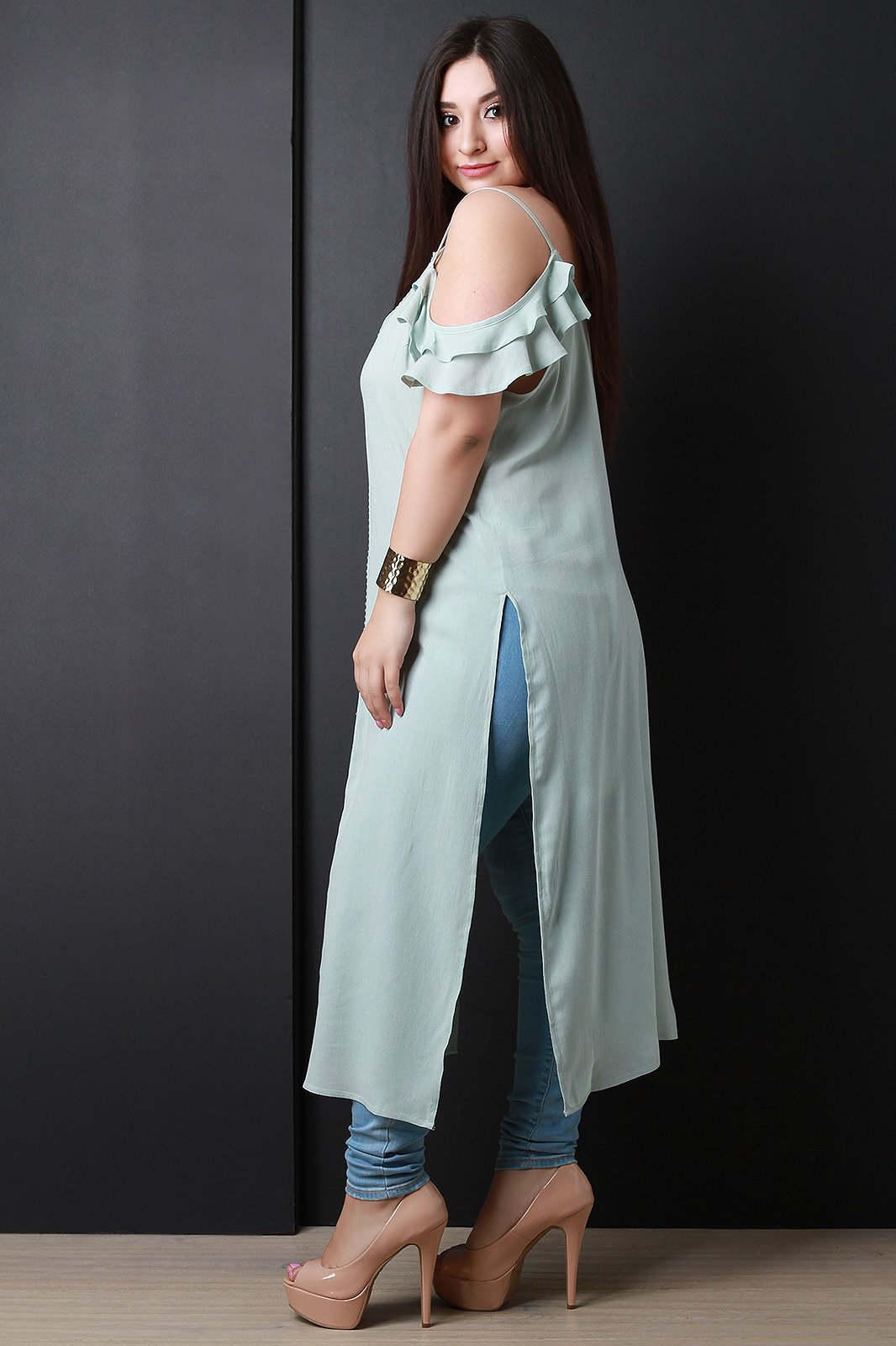 Cold Shoulder Crisscross Back Crochet Slit Maxi Top