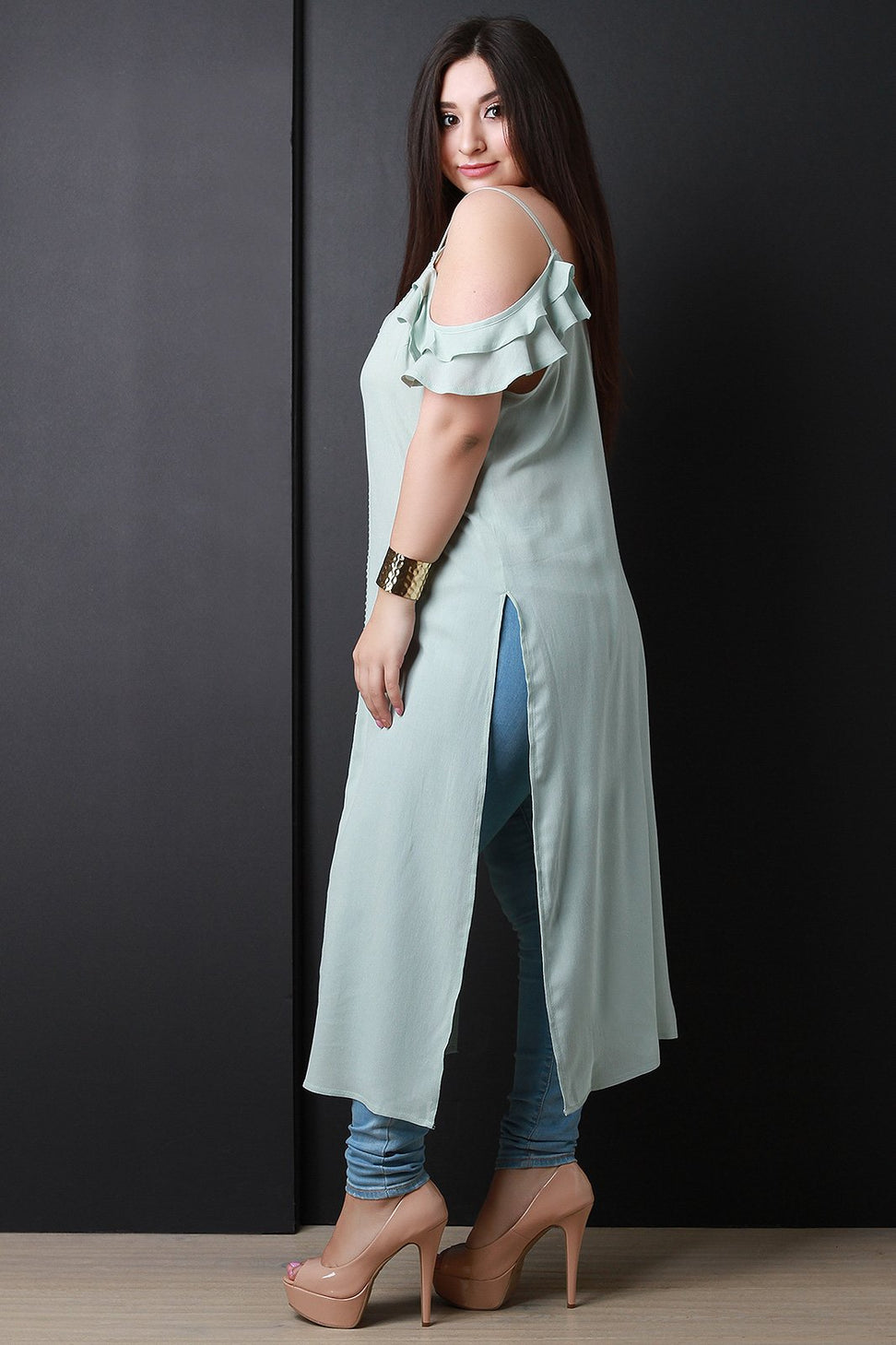 Cold Shoulder Crisscross Back Crochet Slit Maxi Top