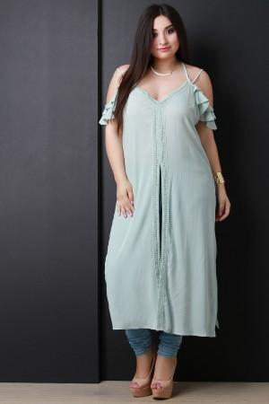 Cold Shoulder Crisscross Back Crochet Slit Maxi Top