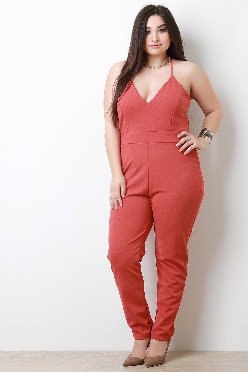 Sleeveless V-Neck Floral Lace Back Jumpsuit