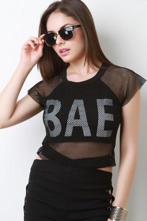 Bae Fishnet Cap Sleeve Crop Top