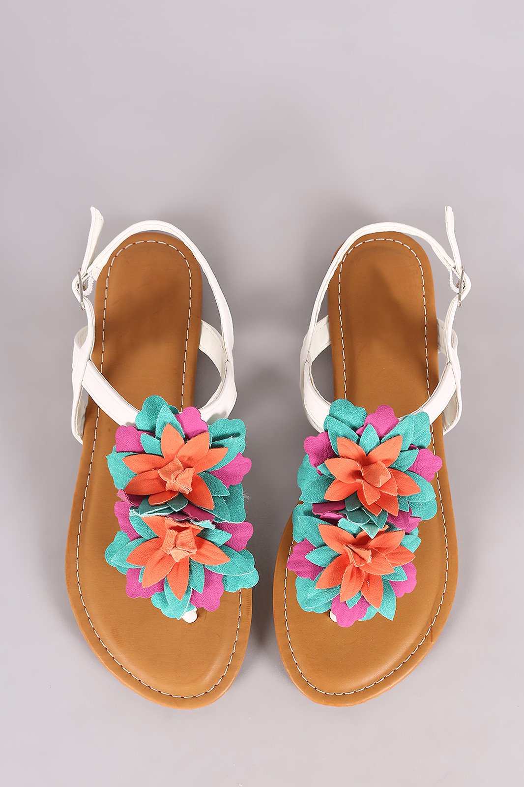 Bamboo Oversized Floral T-Strap Slingback Thong Flat Sandal