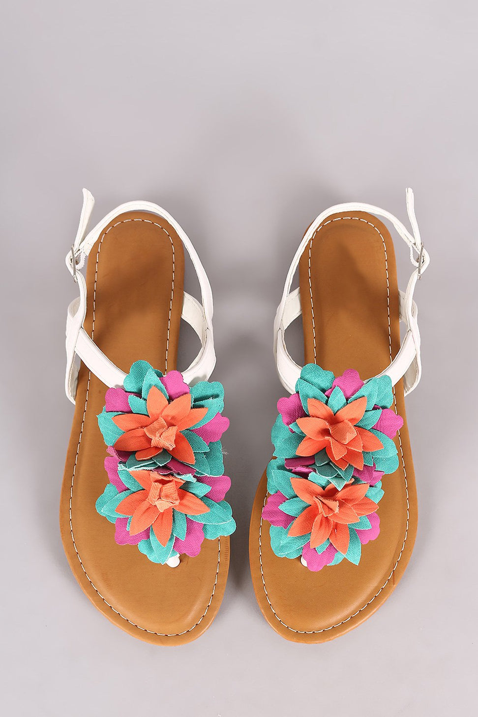 Bamboo Oversized Floral T-Strap Slingback Thong Flat Sandal