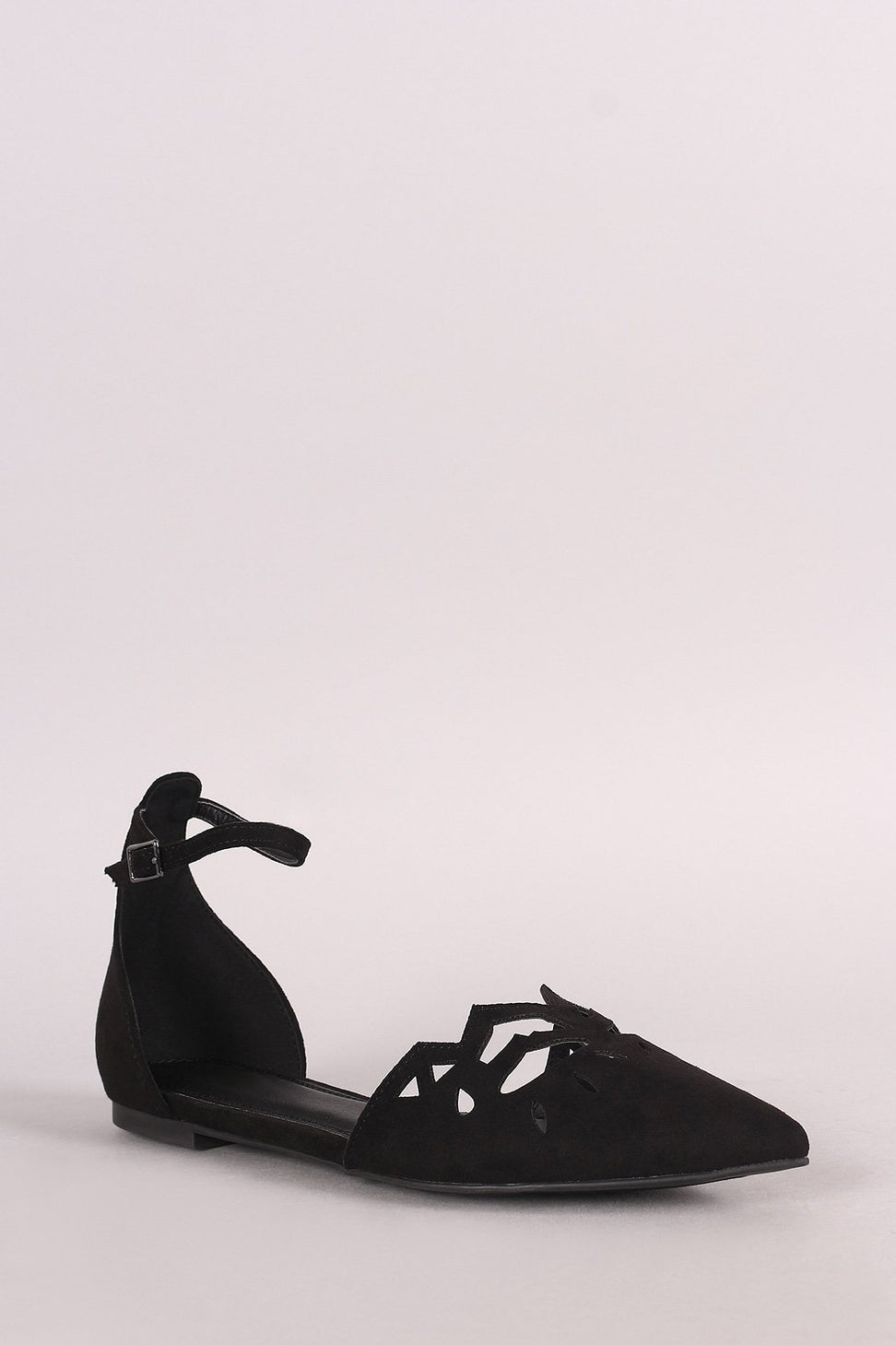 Suede Pointy Toe Cutout Ankle Strap Flat