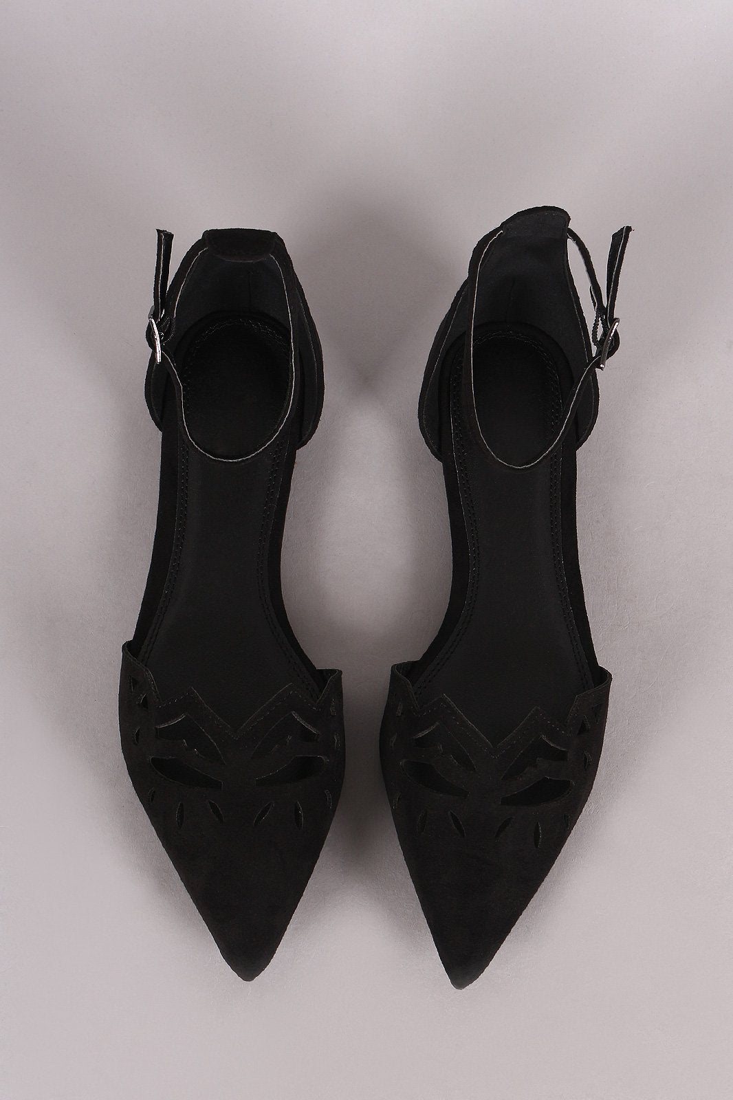 Suede Pointy Toe Cutout Ankle Strap Flat