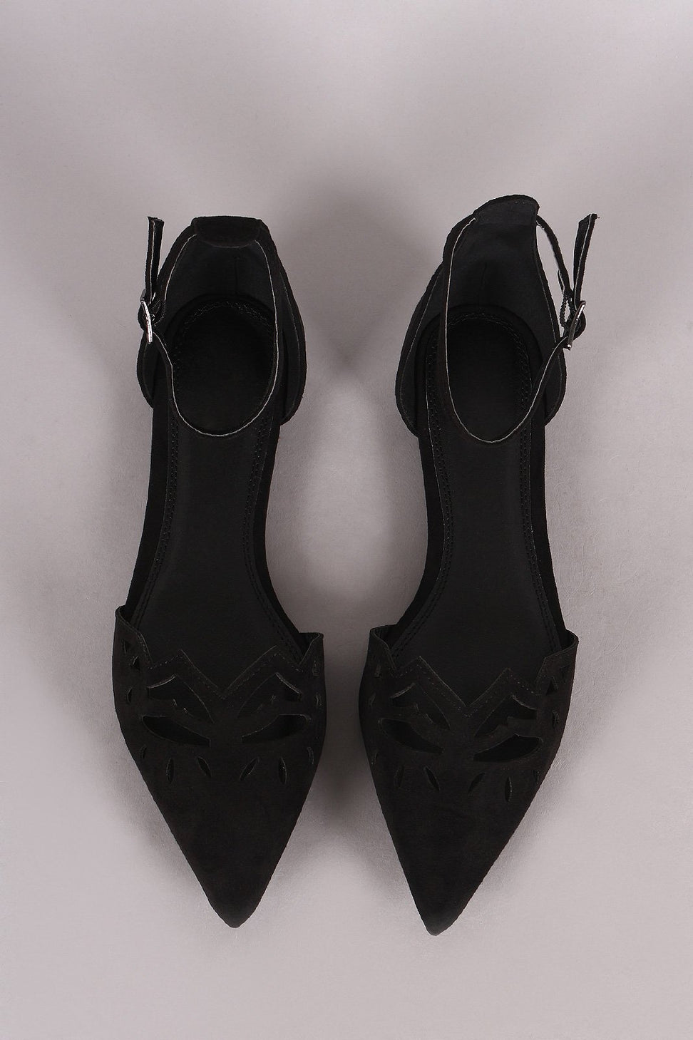 Suede Pointy Toe Cutout Ankle Strap Flat