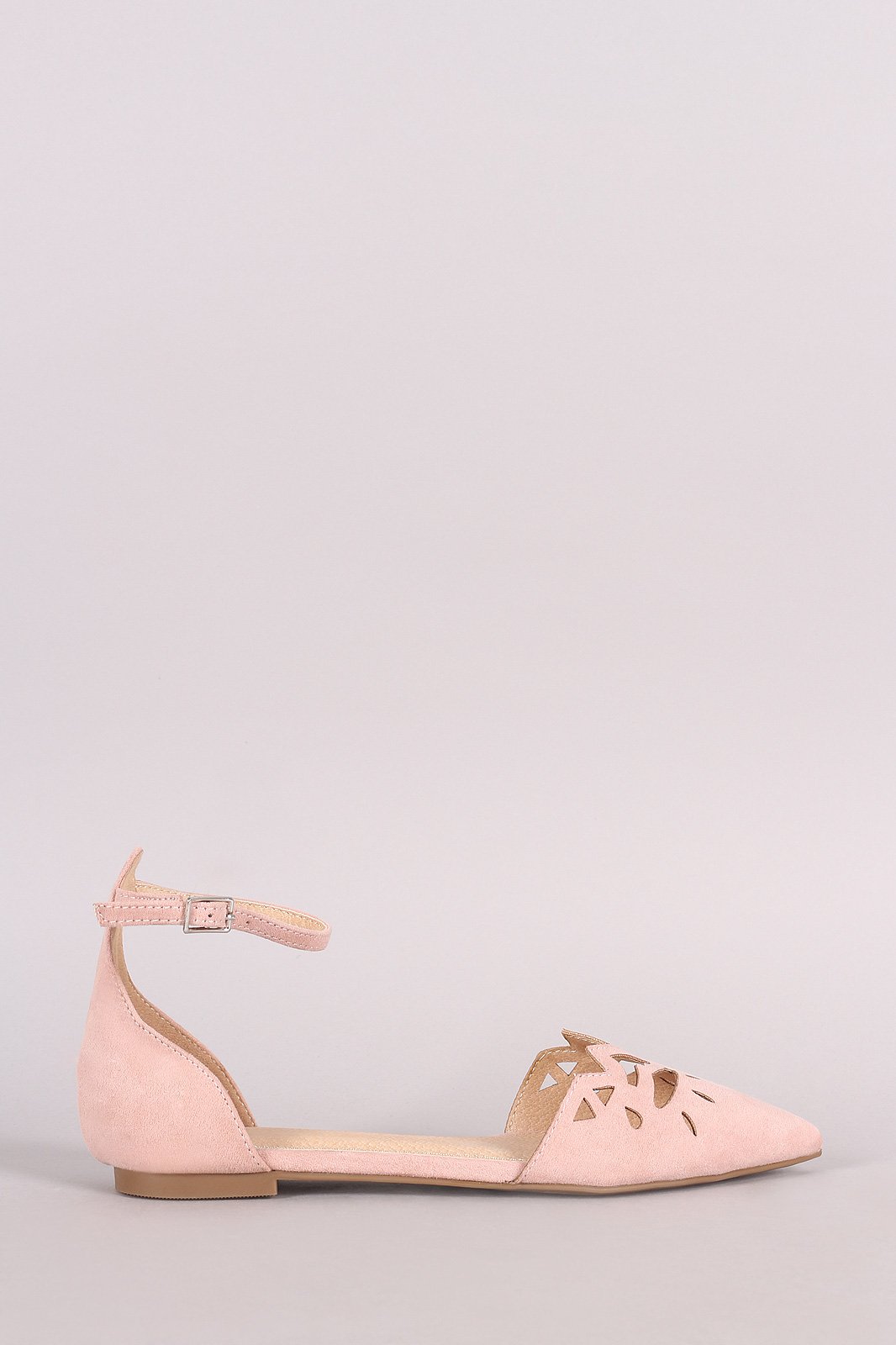 Suede Pointy Toe Cutout Ankle Strap Flat