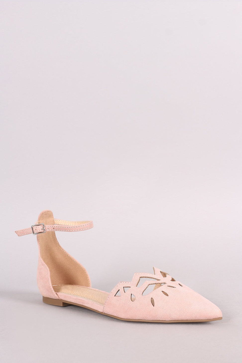 Suede Pointy Toe Cutout Ankle Strap Flat