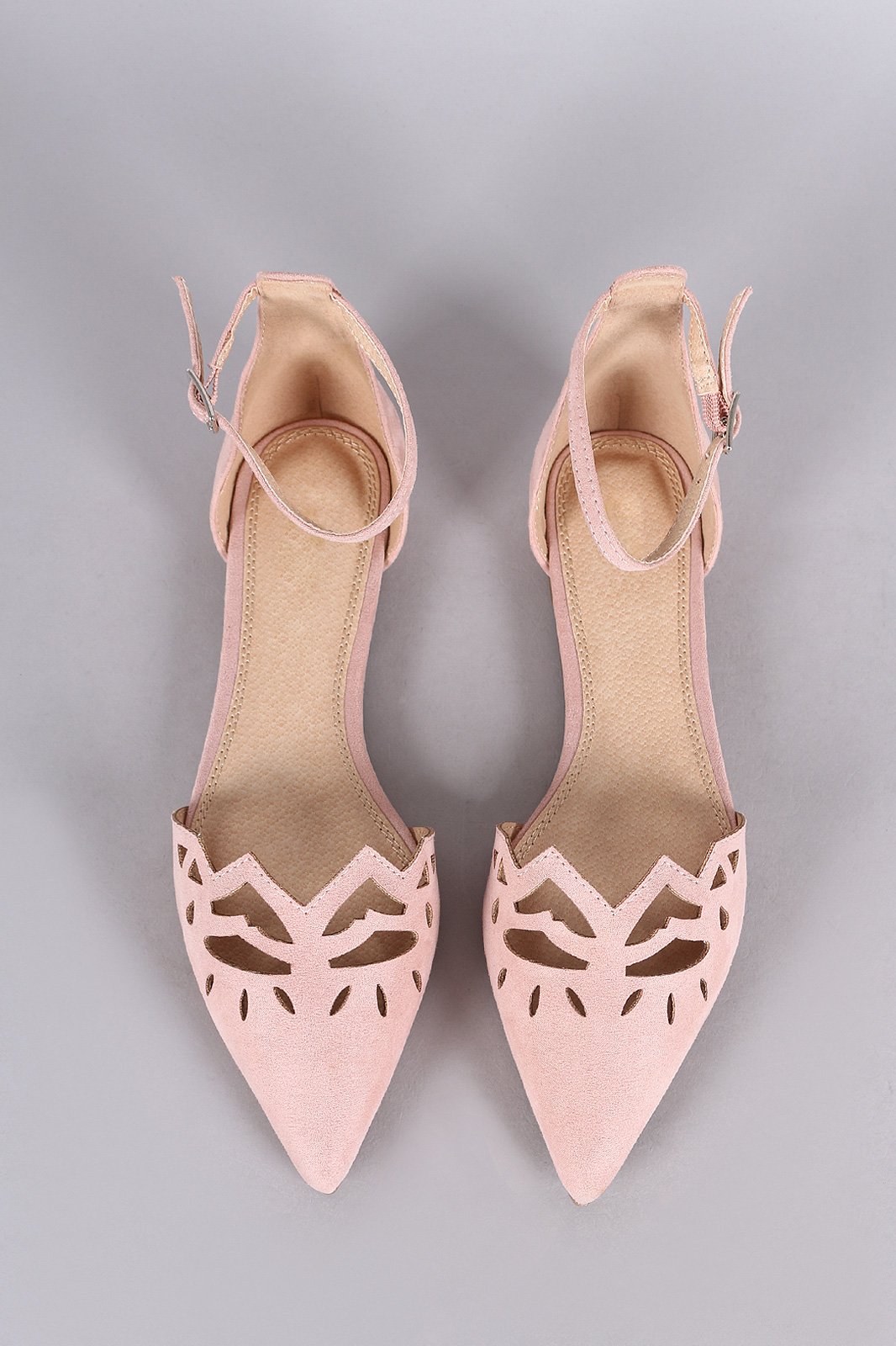 Suede Pointy Toe Cutout Ankle Strap Flat