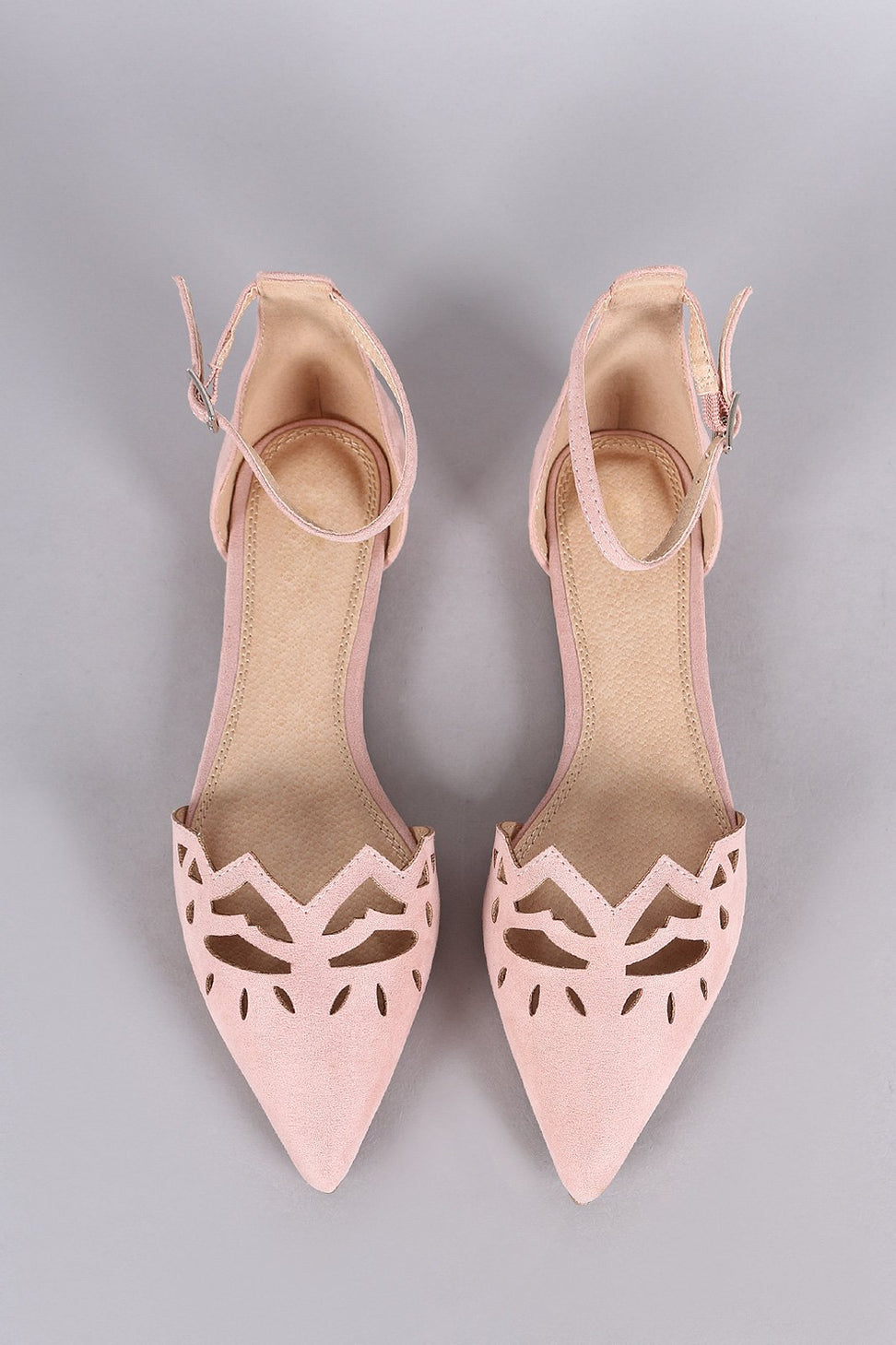 Suede Pointy Toe Cutout Ankle Strap Flat