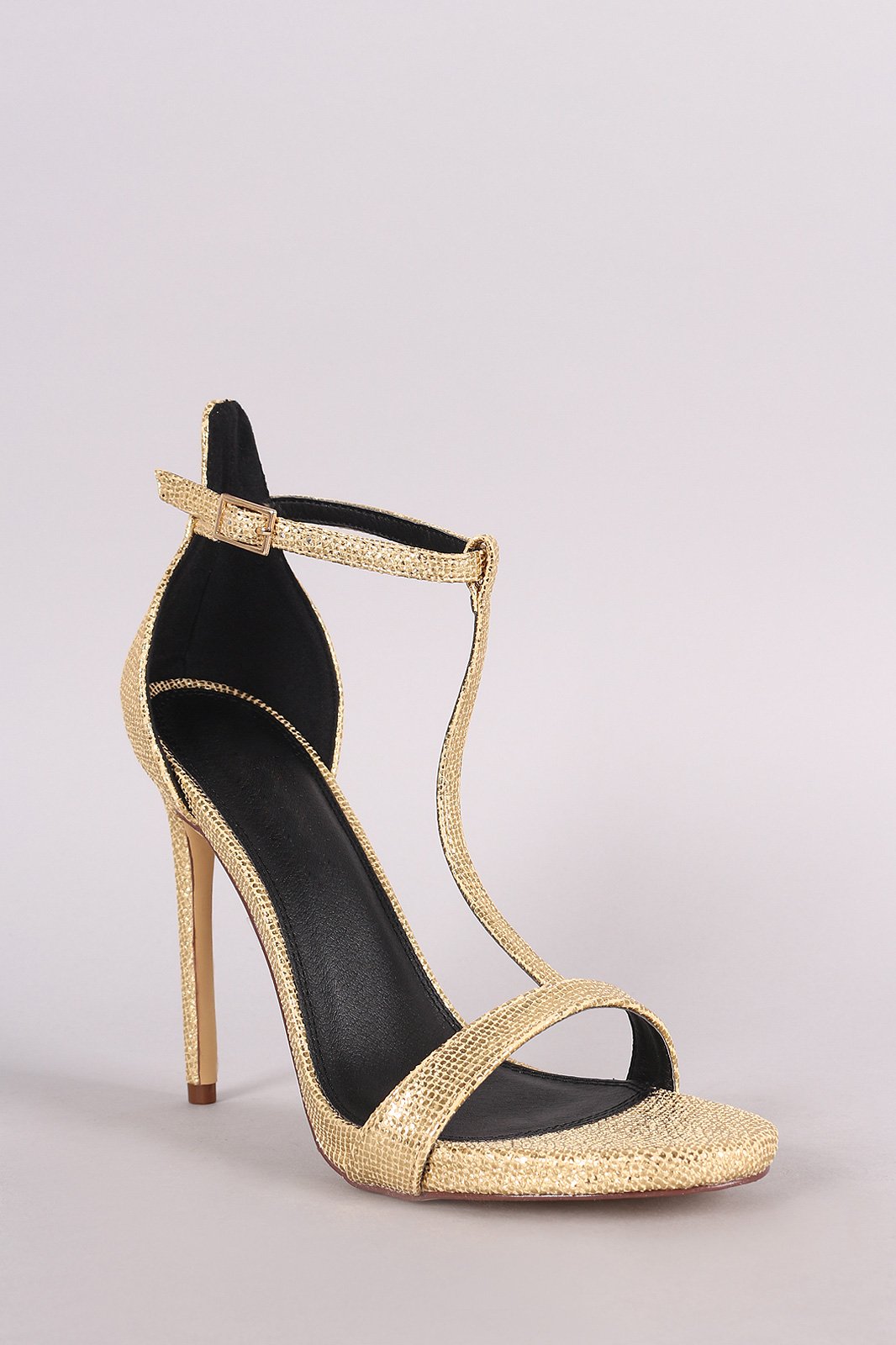 Metallic Textured Open Toe T-Strap Stiletto Heel