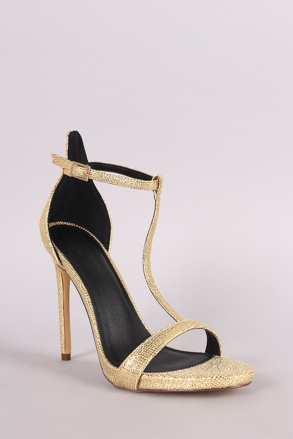 Metallic Textured Open Toe T-Strap Stiletto Heel
