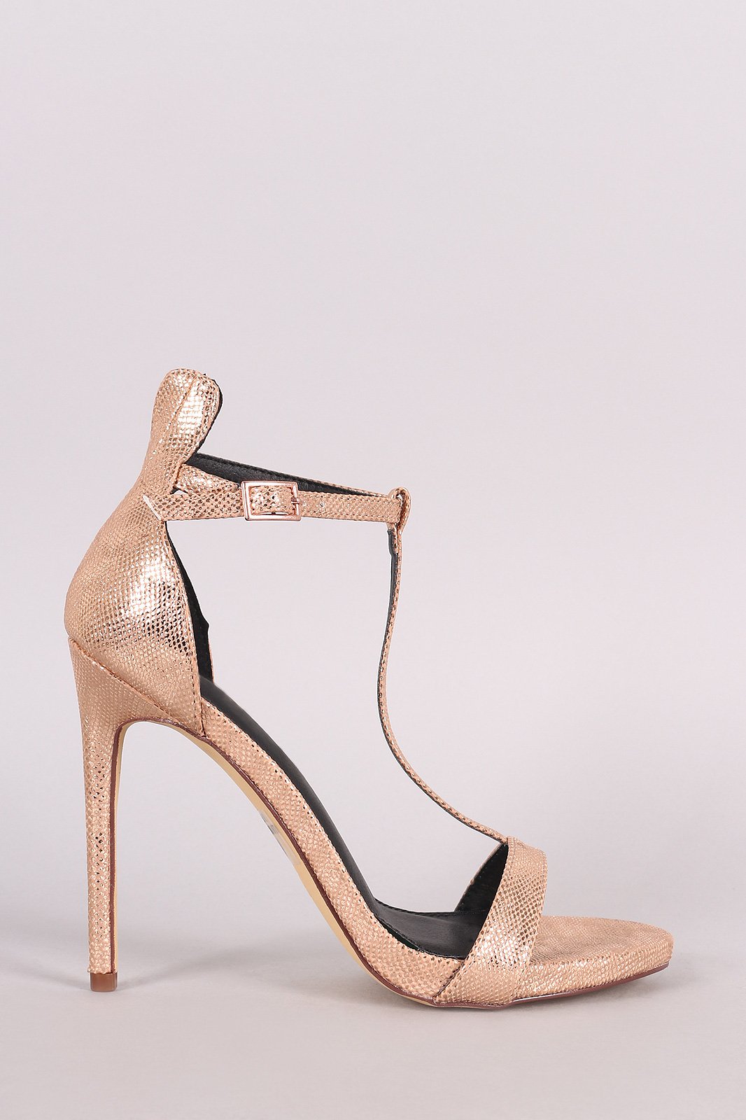 Metallic Textured Open Toe T-Strap Stiletto Heel