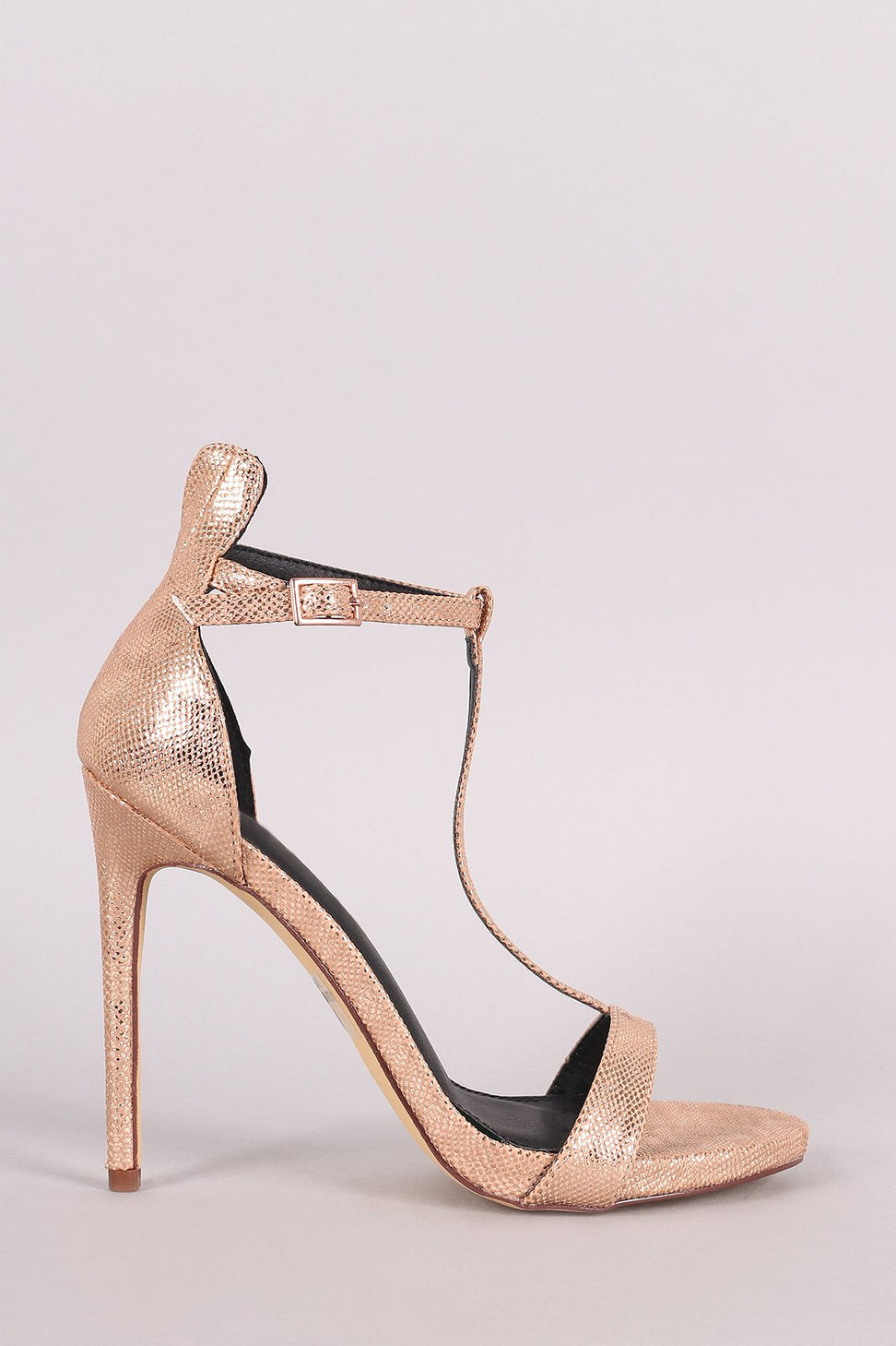Metallic Textured Open Toe T-Strap Stiletto Heel