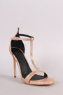Metallic Textured Open Toe T-Strap Stiletto Heel