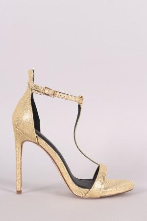 Metallic Textured Open Toe T-Strap Stiletto Heel
