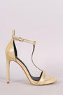 Metallic Textured Open Toe T-Strap Stiletto Heel