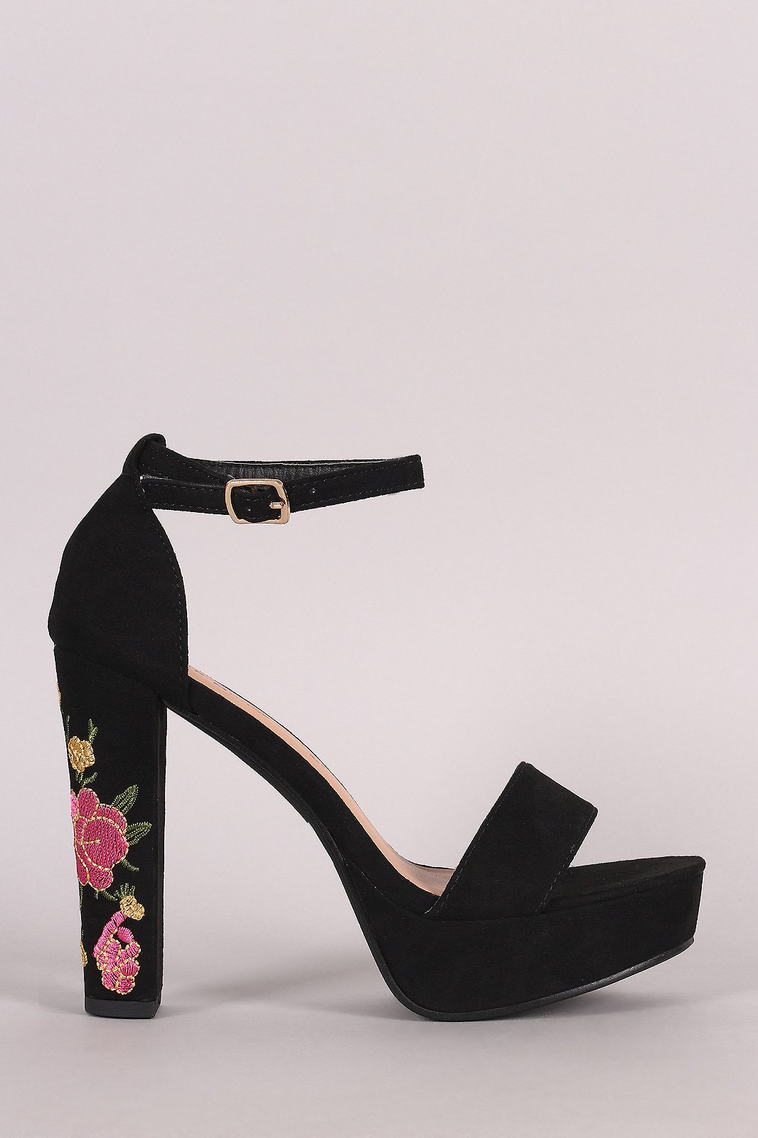 Suede Ankle Strap Embroidery Platform Heel