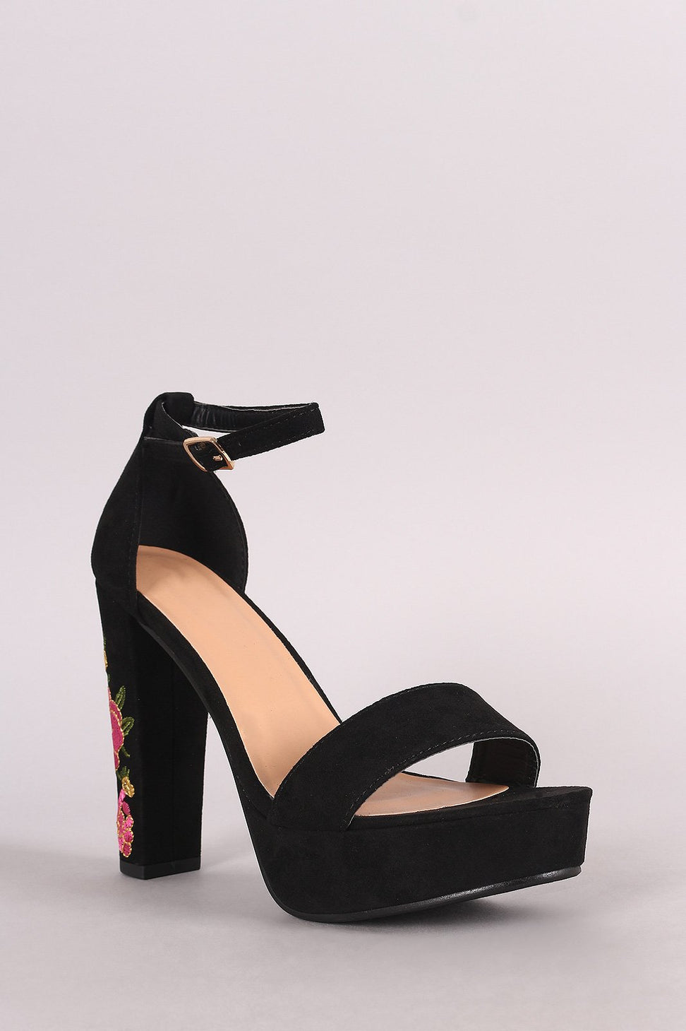 Suede Ankle Strap Embroidery Platform Heel