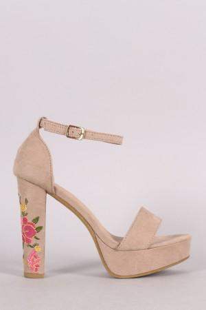 Suede Ankle Strap Embroidery Platform Heel