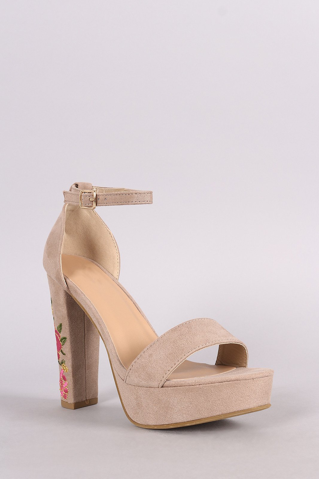 Suede Ankle Strap Embroidery Platform Heel