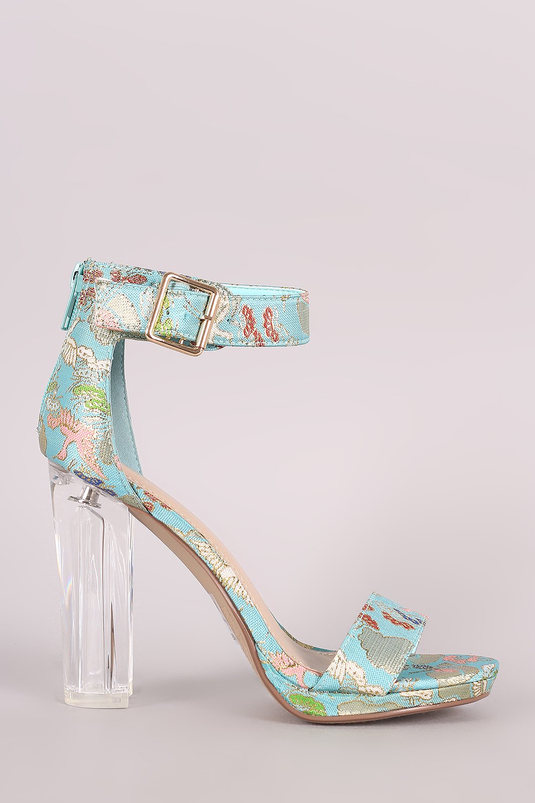 Delicious Oriental Embroidered Chunky Clear Heel