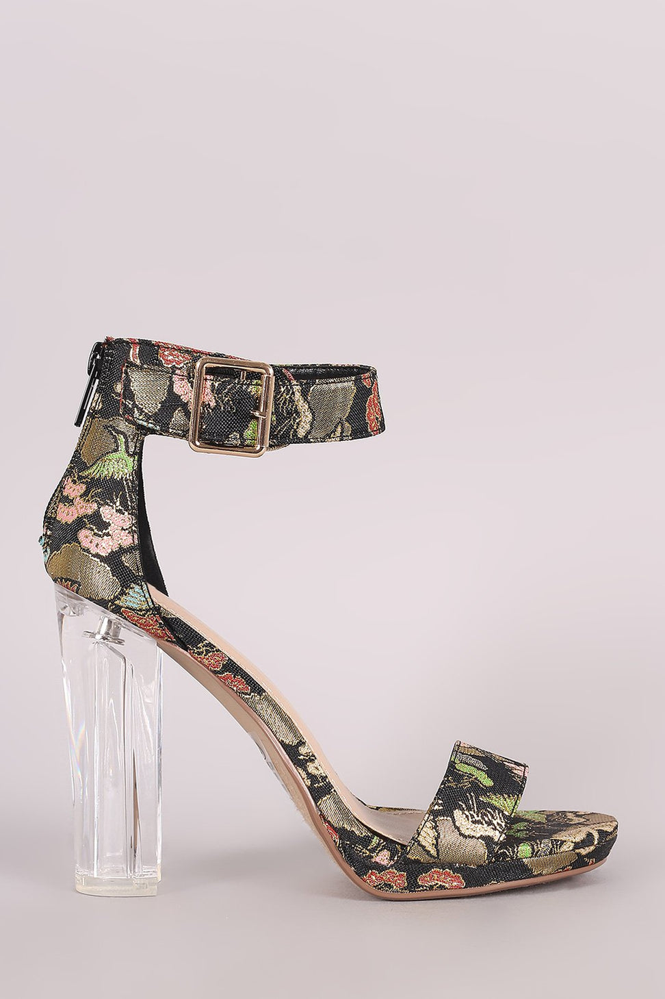 Delicious Oriental Embroidered Chunky Clear Heel
