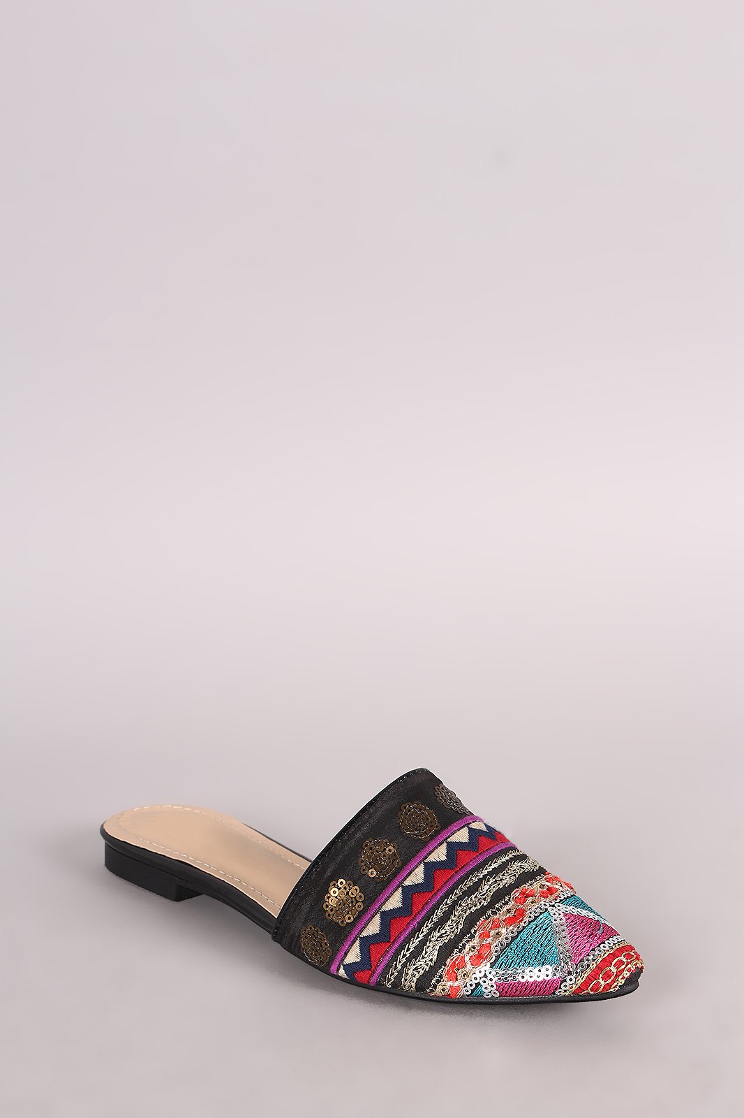 Embroidery Sequin Pointy Toe Mule Flat