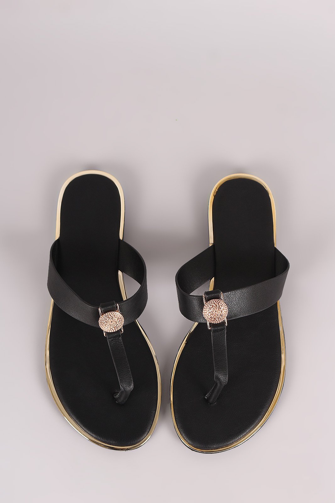 Bamboo Vegan Leather Coin Accent Thong Flat Sandal