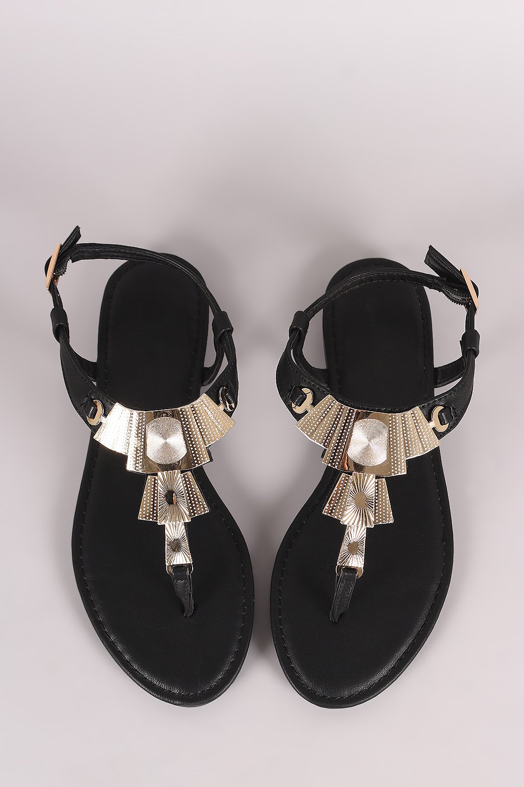 Bamboo Textured Hardware T-Strap Thong Flat Sandal