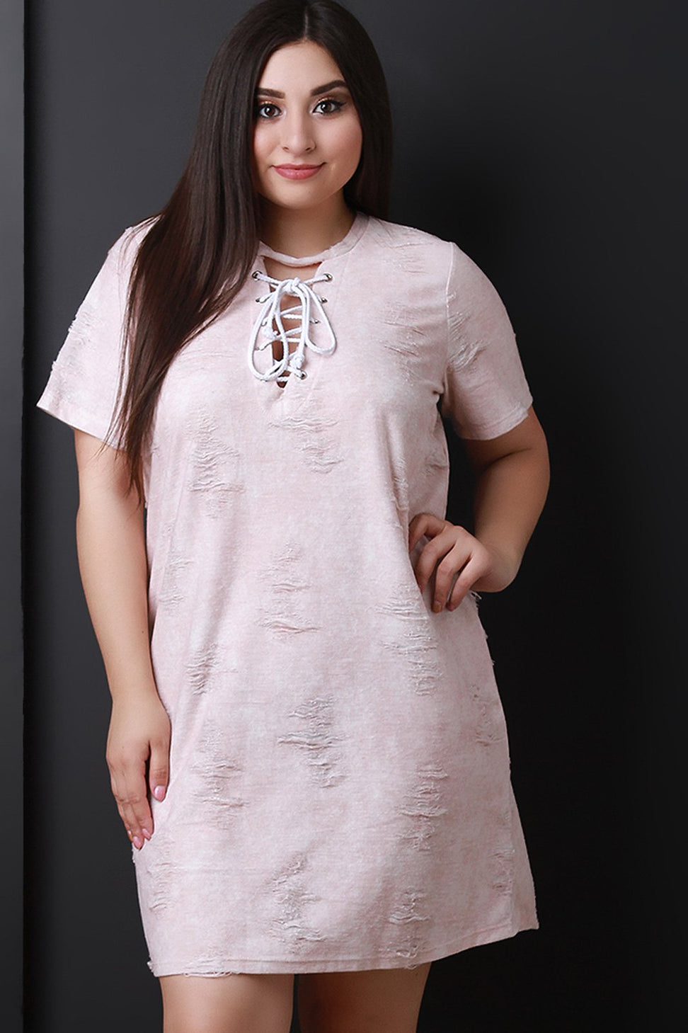 Distressed Lace-Up Short Sleeves Shift Dress - NoveltyOne
