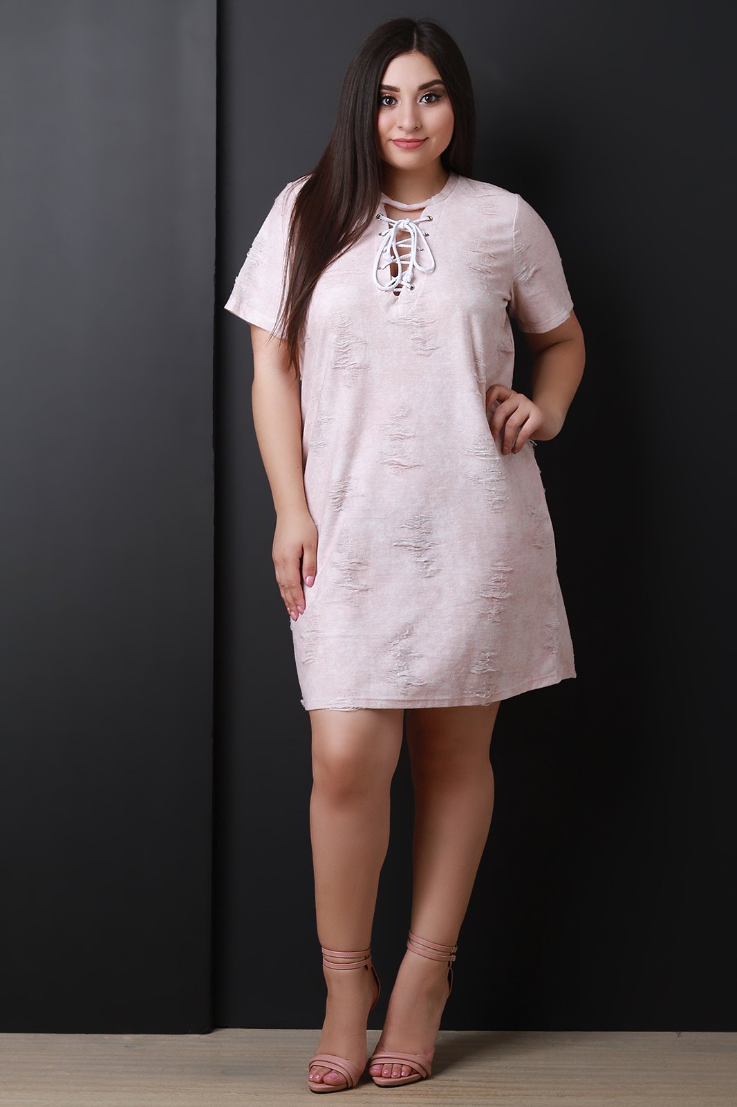Distressed Lace-Up Short Sleeves Shift Dress - NoveltyOne