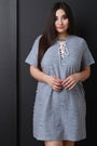 Distressed Lace-Up Short Sleeves Shift Dress - NoveltyOne