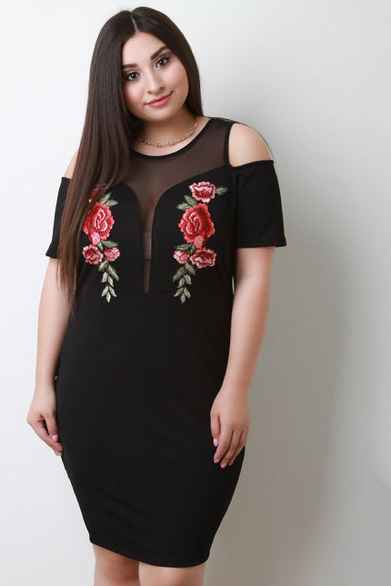Rose Embroidered Cold Shoulder Mesh Midi Dress