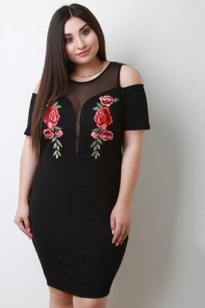 Rose Embroidered Cold Shoulder Mesh Midi Dress