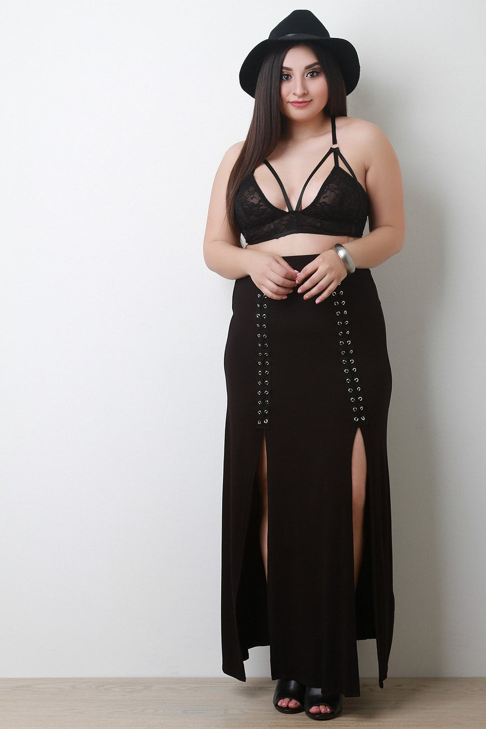 Jersey Knit High Slit Lace-Up Skirt