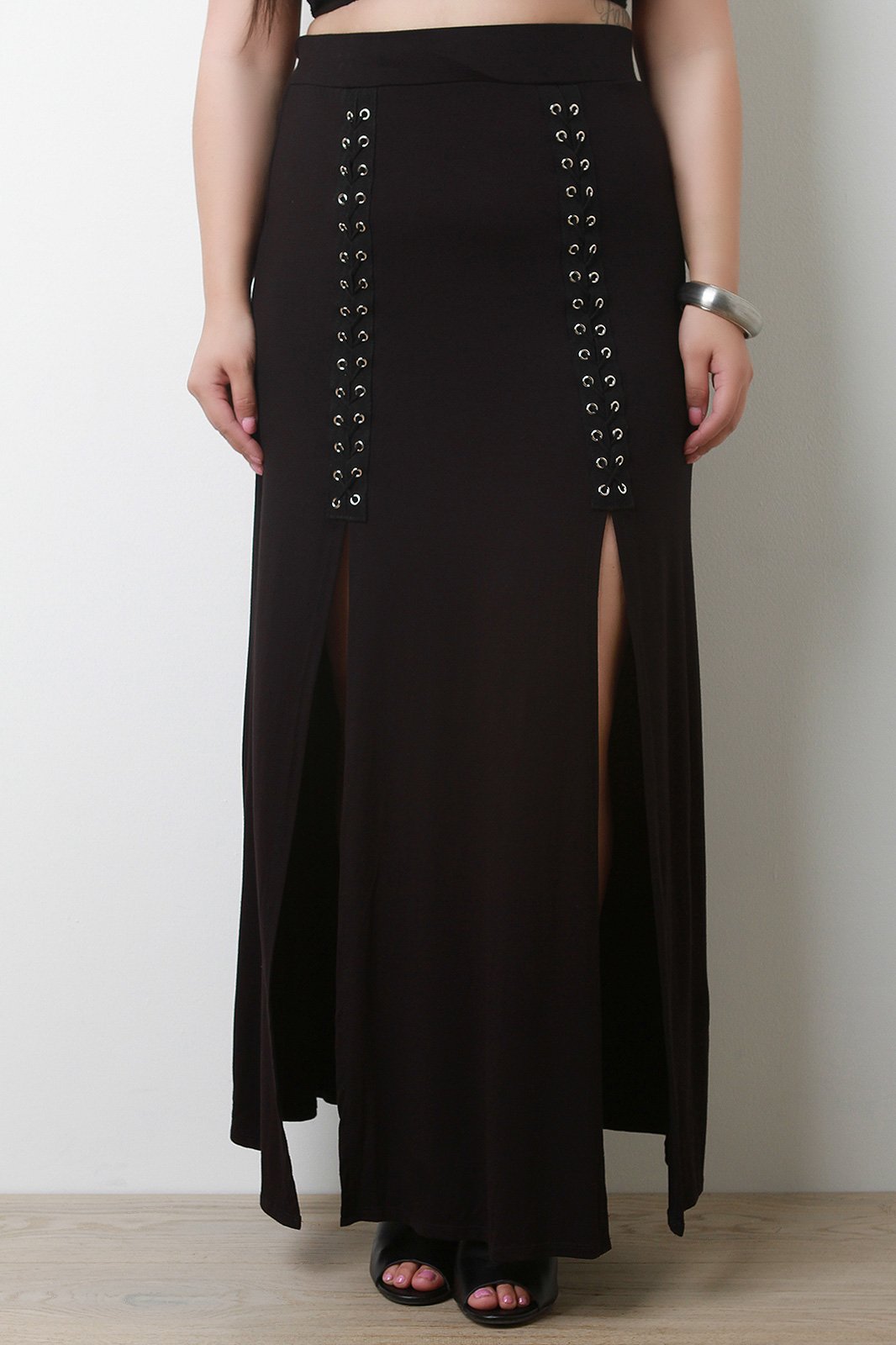 Jersey Knit High Slit Lace-Up Skirt