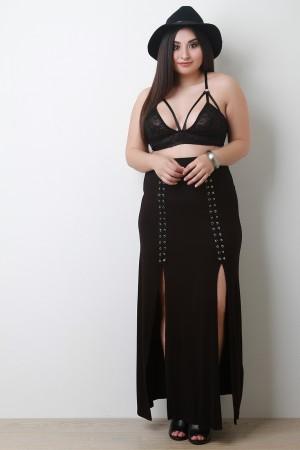 Jersey Knit High Slit Lace-Up Skirt