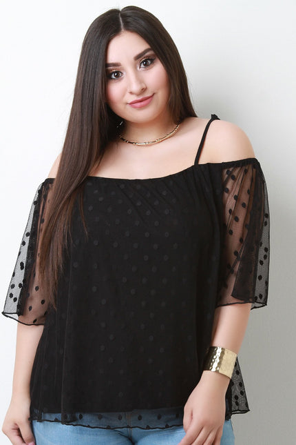 Polka Dot Mesh Cold Shoulder Top