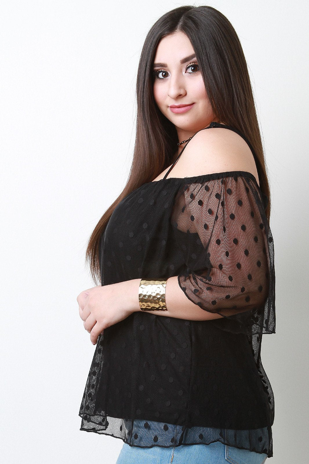 Polka Dot Mesh Cold Shoulder Top