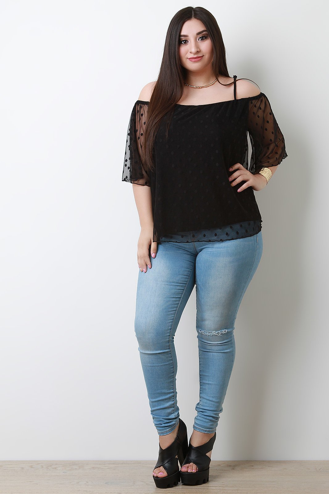 Polka Dot Mesh Cold Shoulder Top