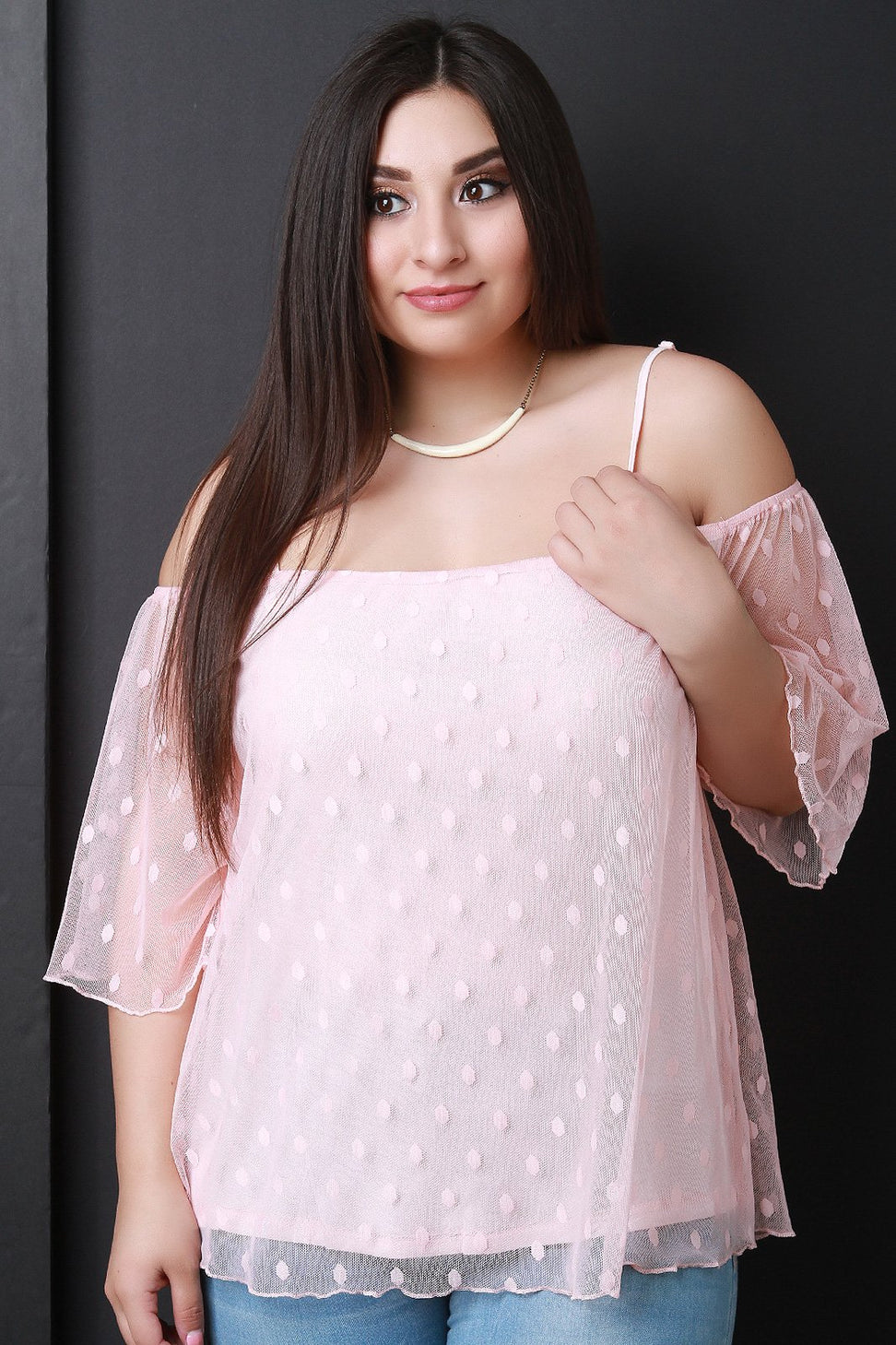 Polka Dot Mesh Cold Shoulder Top